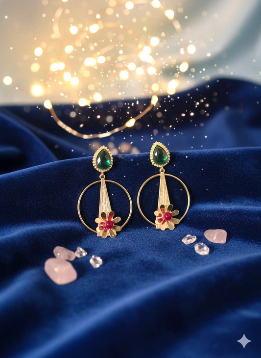 RavJyoti Gold-Toned Floral Hoop Earrings with Green Stone | Elegant Festive & Party Wear Earrings