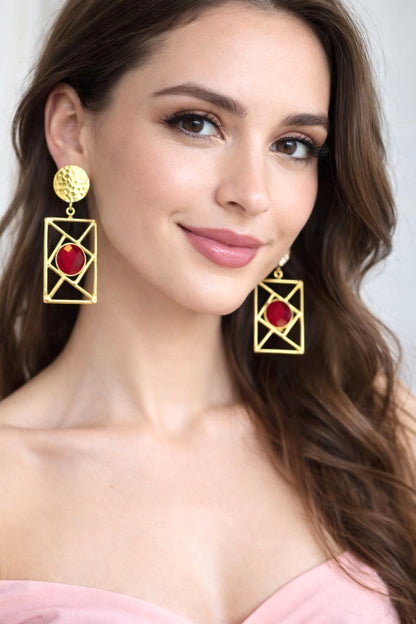 RavJyoti Gold-Toned Geometric Statement Earrings with Red Stone | Elegant Party & Festive Wear