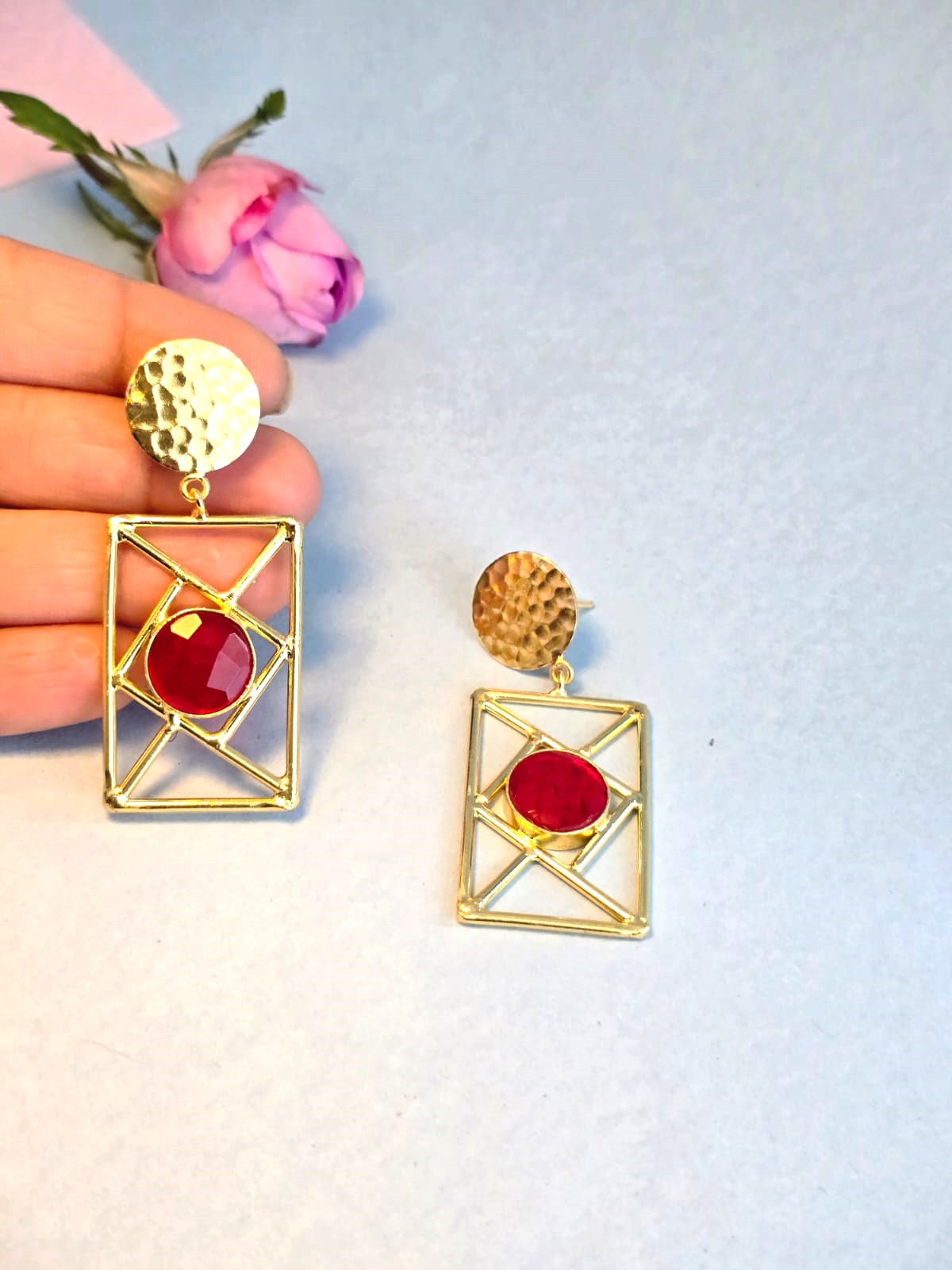 RavJyoti Gold-Toned Geometric Statement Earrings with Red Stone | Elegant Party & Festive Wear