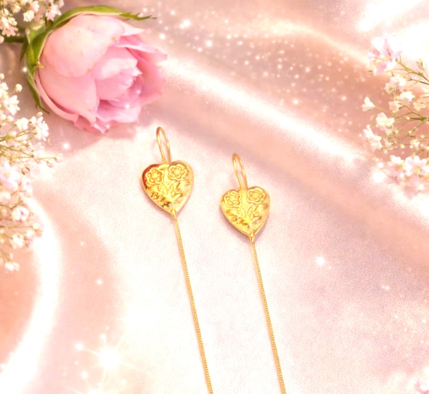 Gold-Toned Heart Motif Threader Earrings - Minimal Floral Long Earrings for Daily Wear