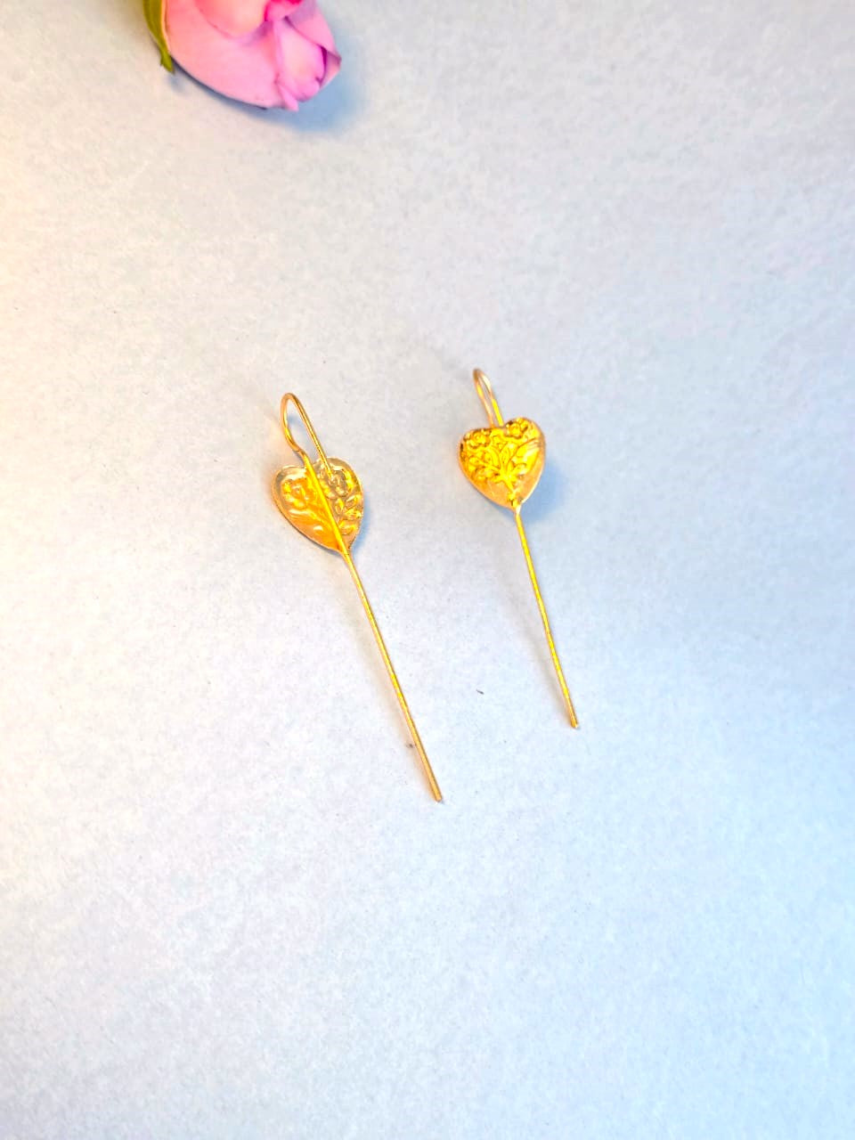 Gold-Toned Heart Motif Threader Earrings - Minimal Floral Long Earrings for Daily Wear