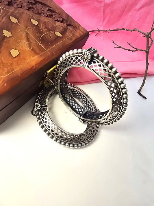 Vintage Oxidized Silver Replica Bangle for Women | RavJyoti Royal Jaal Oxidized Kada (in pair)