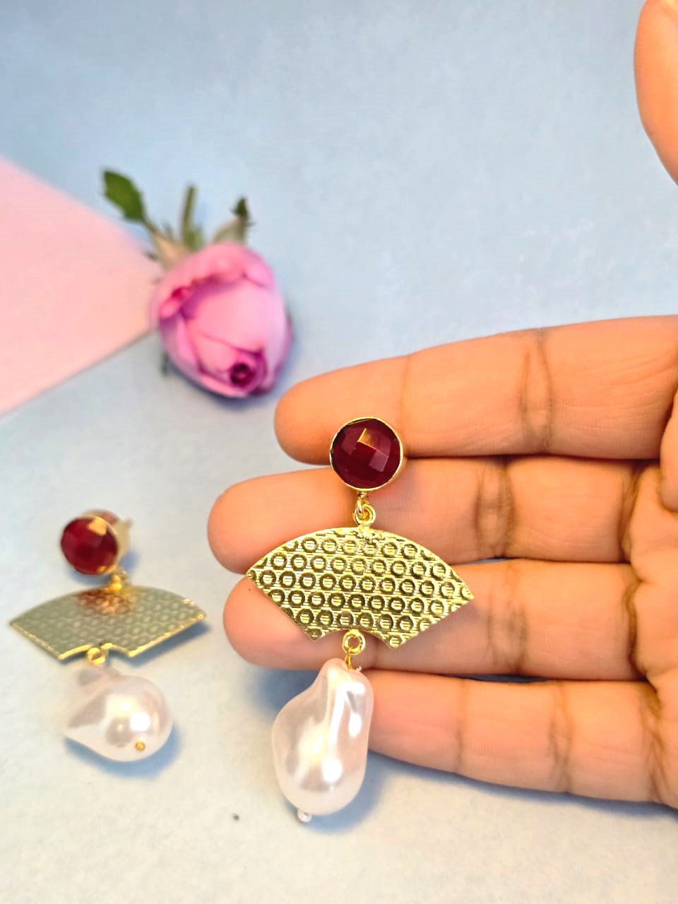 Red Stone Pearl Drop Brass Party Wear Earrings