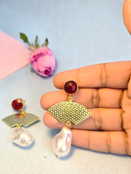 Red Stone Pearl Drop Brass Party Wear Earrings