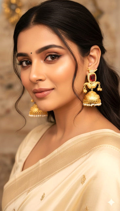 Red Stone Traditional Gold Finish Jhumki Earrings