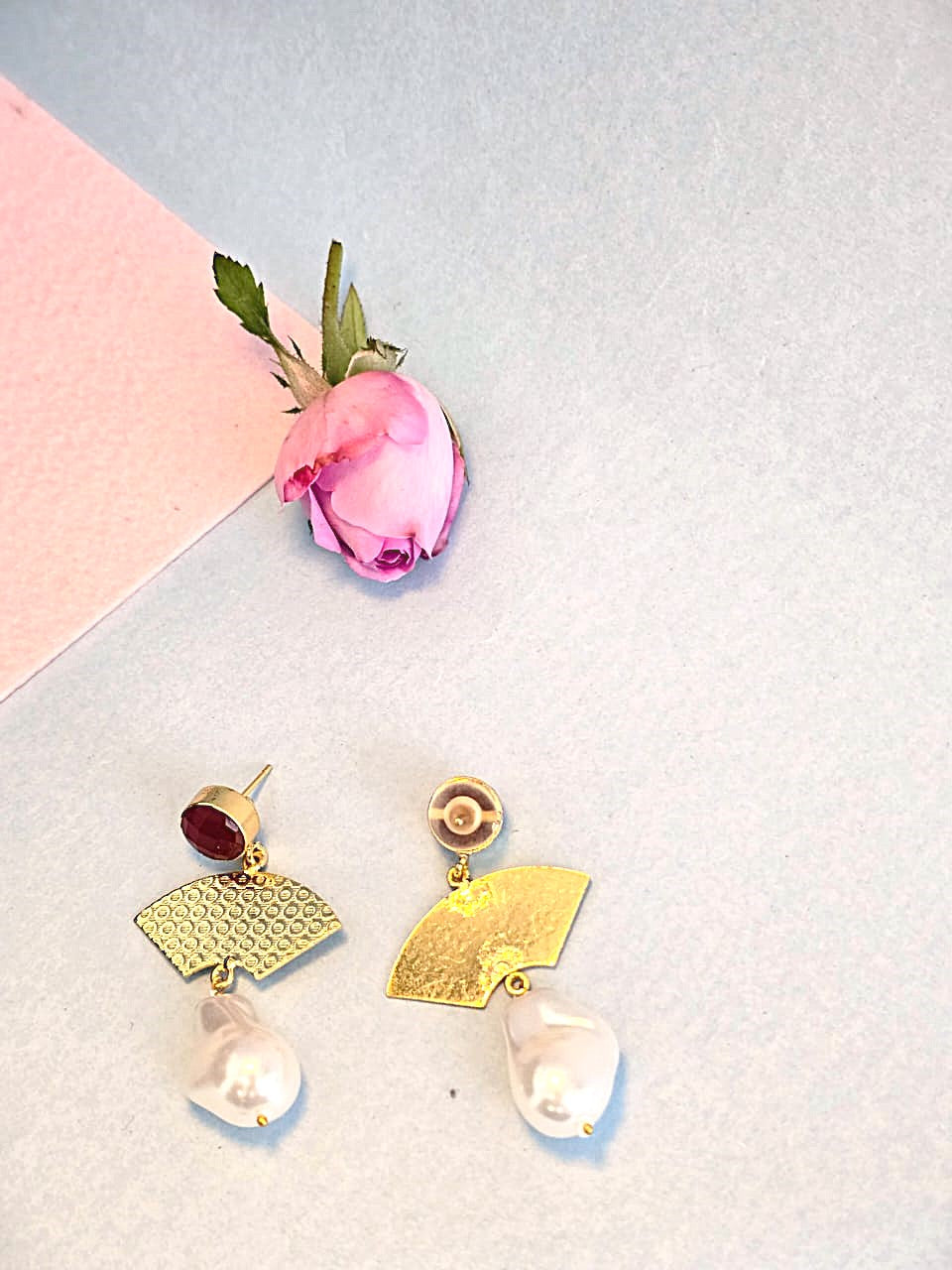 Red Stone Pearl Drop Brass Party Wear Earrings