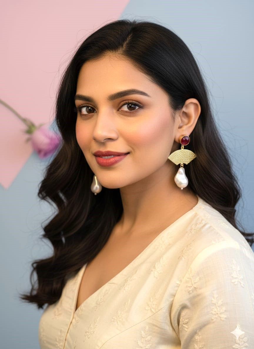 Red Stone Pearl Drop Brass Party Wear Earrings