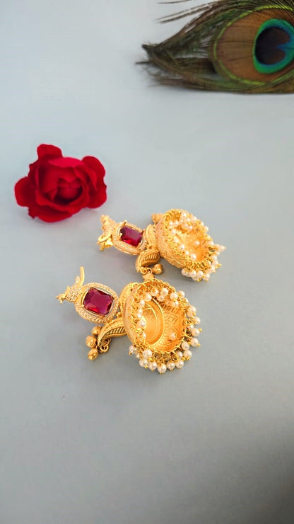 Red Stone Traditional Gold Finish Jhumki Earrings