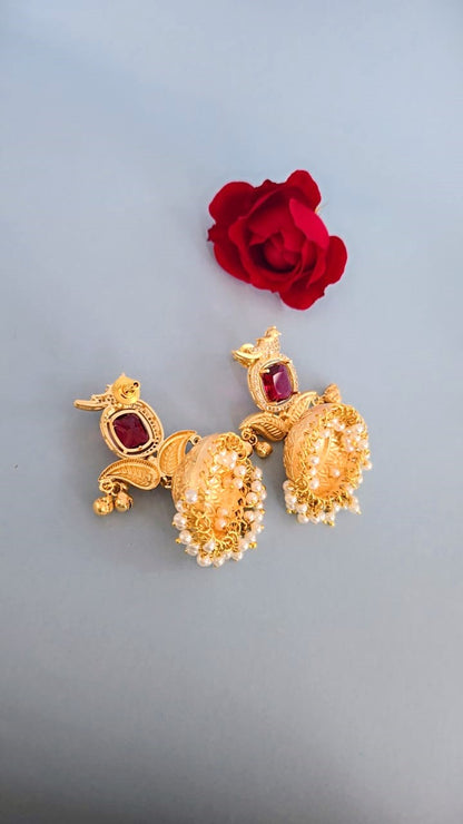 Red Stone Traditional Gold Finish Jhumki Earrings