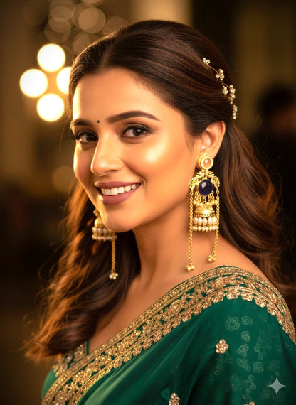 Royal Blue Stone Pearl Jhumka Earrings in Gold Finish
