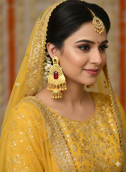 Royal Gold-Finish Bridal Jhumka Earrings with Red Stone, Traditional Indian Earrings