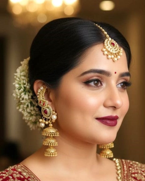 Royal Gold Finish Bridal Jhumki Earrings with Red Stone & Pearls