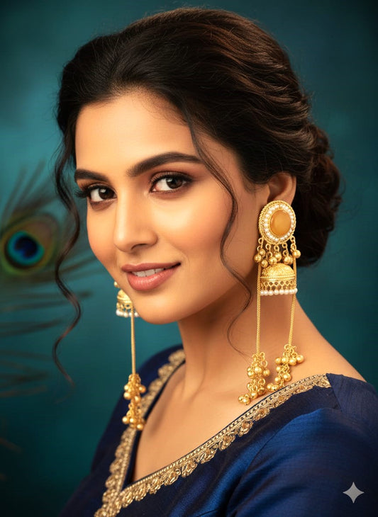 Royal Gold Finish Long JhumkI Chain Earrings with Pearl Detailing