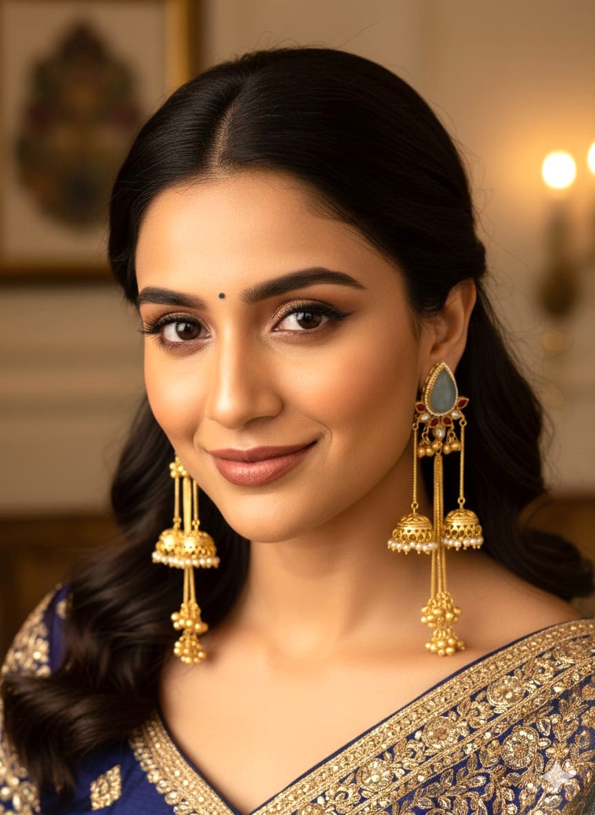 Royal Gold Finish Long Jhumka Earrings with Grey Stone & Pearl Drops