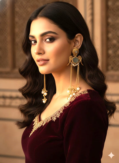 Royal Gold Finish Long Pearl Drop Earrings with Grey Stone