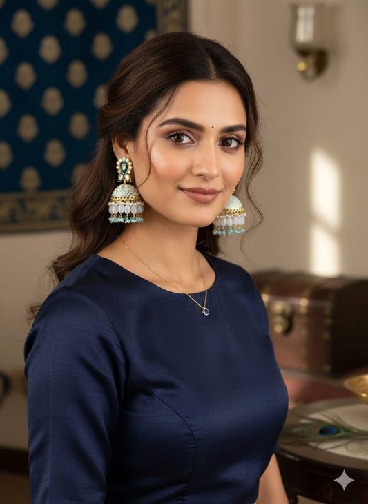 Royal Gold Finish Mint & Pearl JhumkI Earrings - Traditional ethnic jhumka