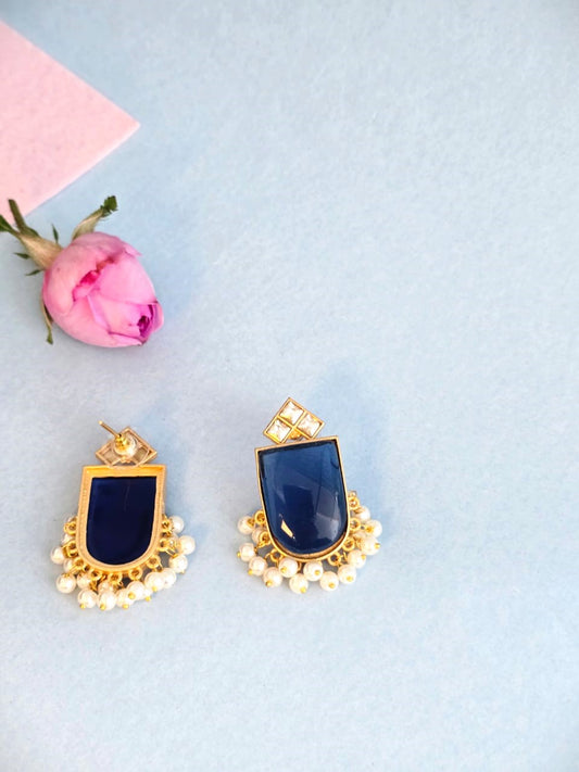 Royal Blue Pearl Drop Earrings in Gold Finish | Handcrafted Statement Earrings