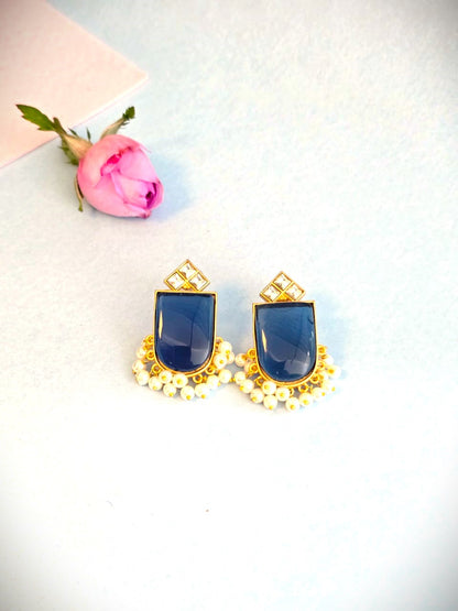 Royal Blue Pearl Drop Earrings in Gold Finish | Handcrafted Statement Earrings