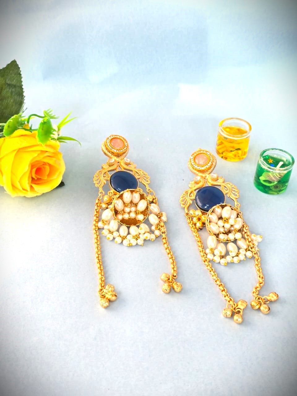 Royal Blue Stone Pearl Jhumka Earrings in Gold Finish