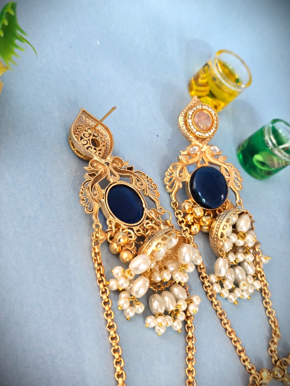 Royal Blue Stone Pearl Jhumka Earrings in Gold Finish