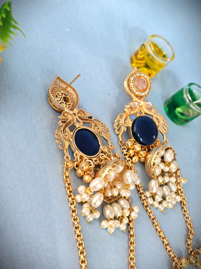 Royal Blue Stone Pearl Jhumka Earrings in Gold Finish