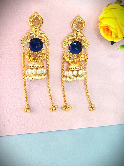 Royal Blue Stone Pearl Jhumka Earrings in Gold Finish