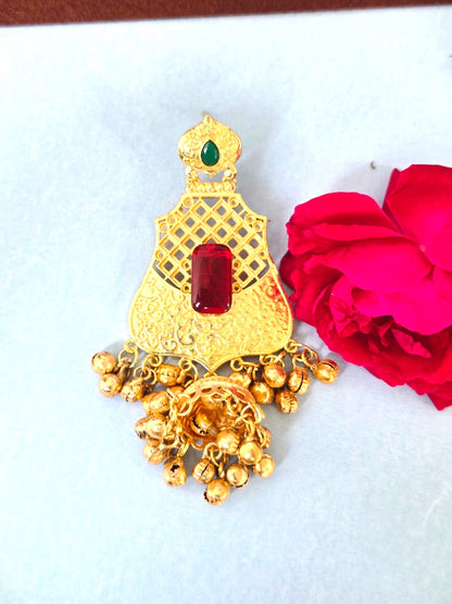 Royal Gold-Finish Bridal Jhumka Earrings with Red Stone, Traditional Indian Earrings
