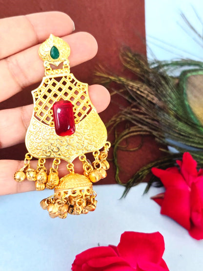 Royal Gold-Finish Bridal Jhumka Earrings with Red Stone, Traditional Indian Earrings