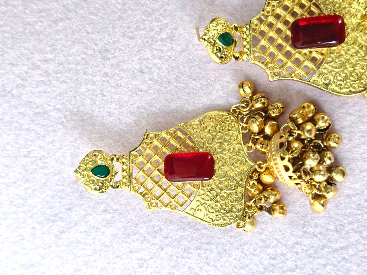 Royal Gold-Finish Bridal Jhumka Earrings with Red Stone, Traditional Indian Earrings