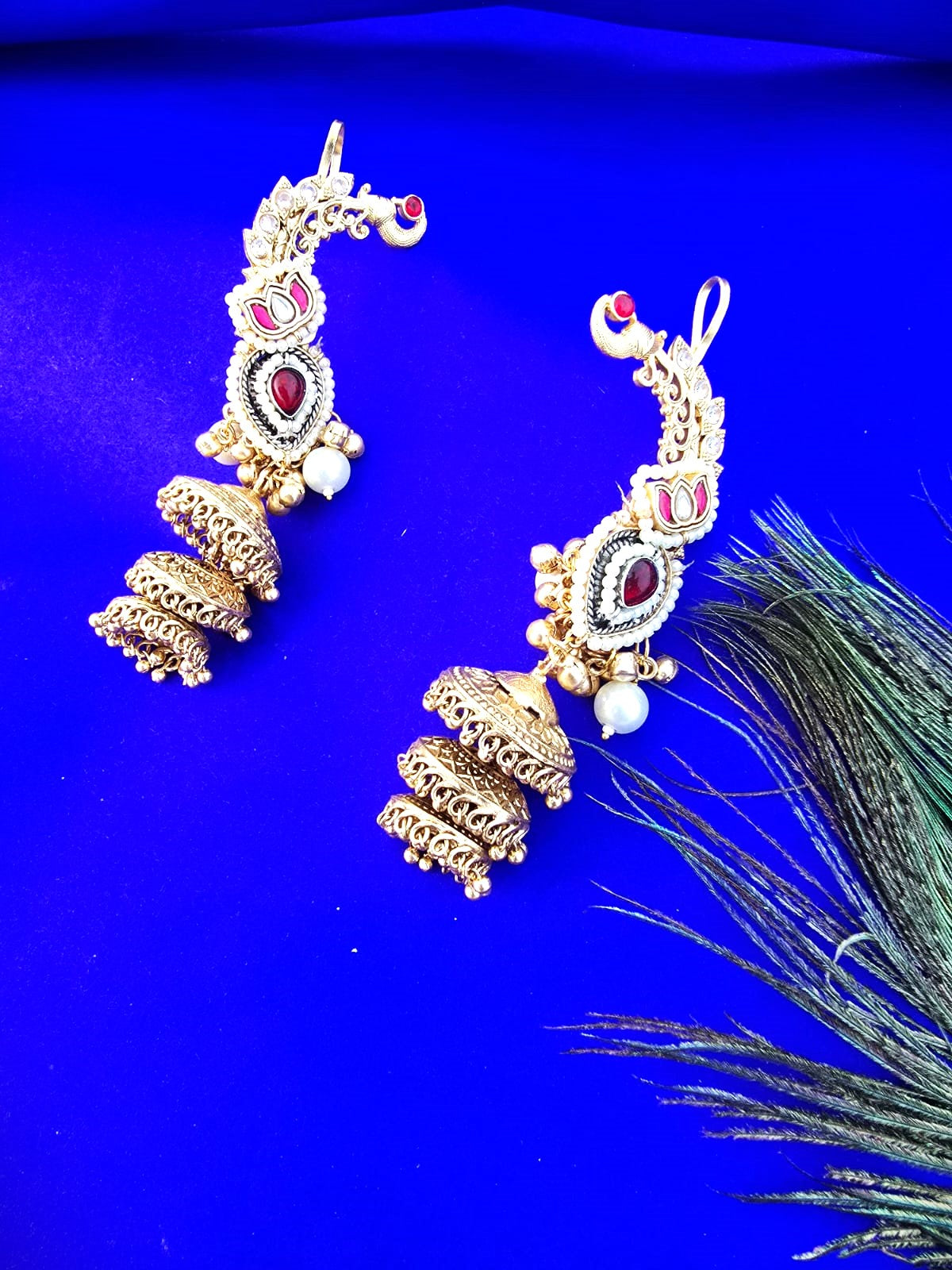Royal Gold Finish Bridal Jhumki Earrings with Red Stone & Pearls