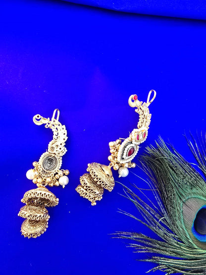Royal Gold Finish Bridal Jhumki Earrings with Red Stone & Pearls