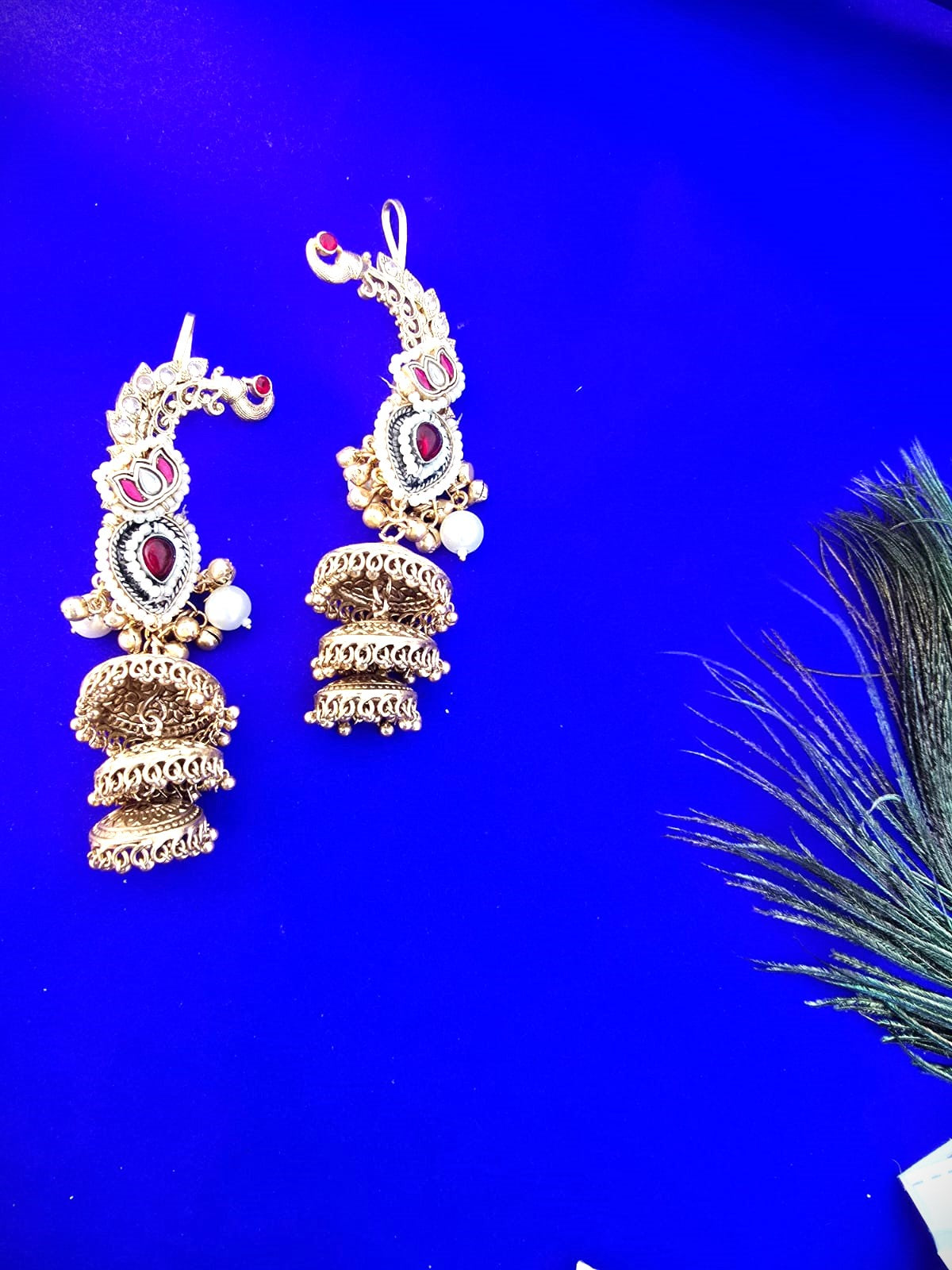 Royal Gold Finish Bridal Jhumki Earrings with Red Stone & Pearls
