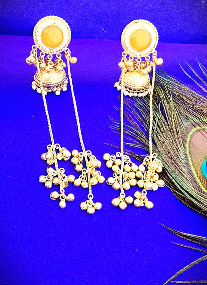 Royal Gold Finish Long JhumkI Chain Earrings with Pearl Detailing