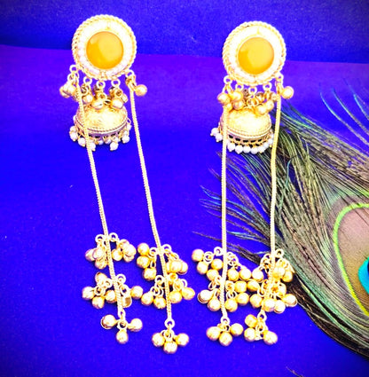 Royal Gold Finish Long JhumkI Chain Earrings with Pearl Detailing