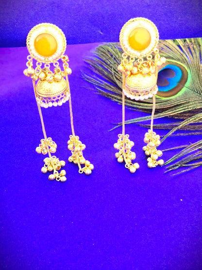 Royal Gold Finish Long JhumkI Chain Earrings with Pearl Detailing