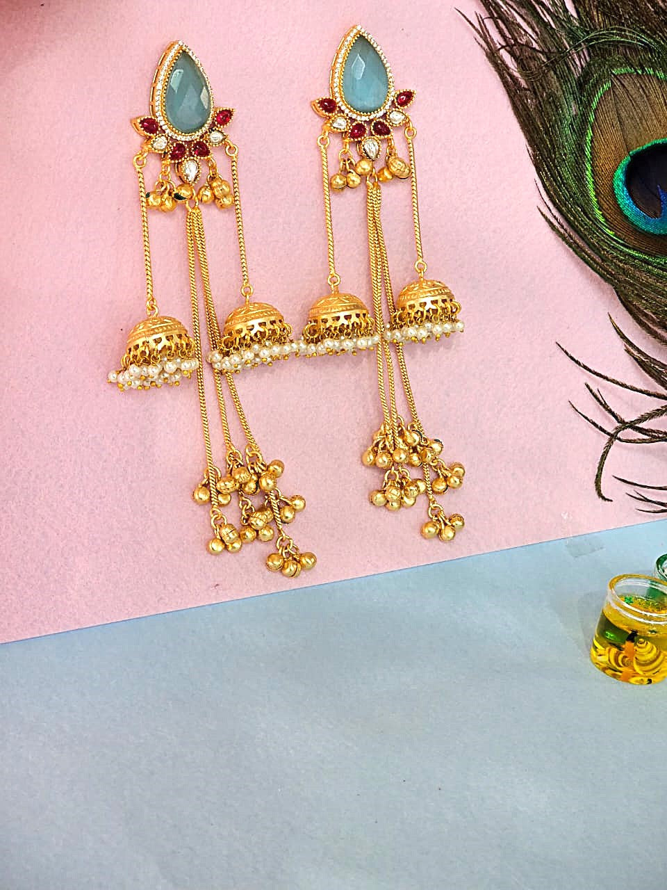 Royal Gold Finish Long Jhumka Earrings with Grey Stone & Pearl Drops