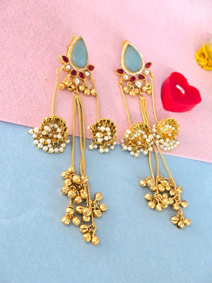 Royal Gold Finish Long Jhumka Earrings with Grey Stone & Pearl Drops