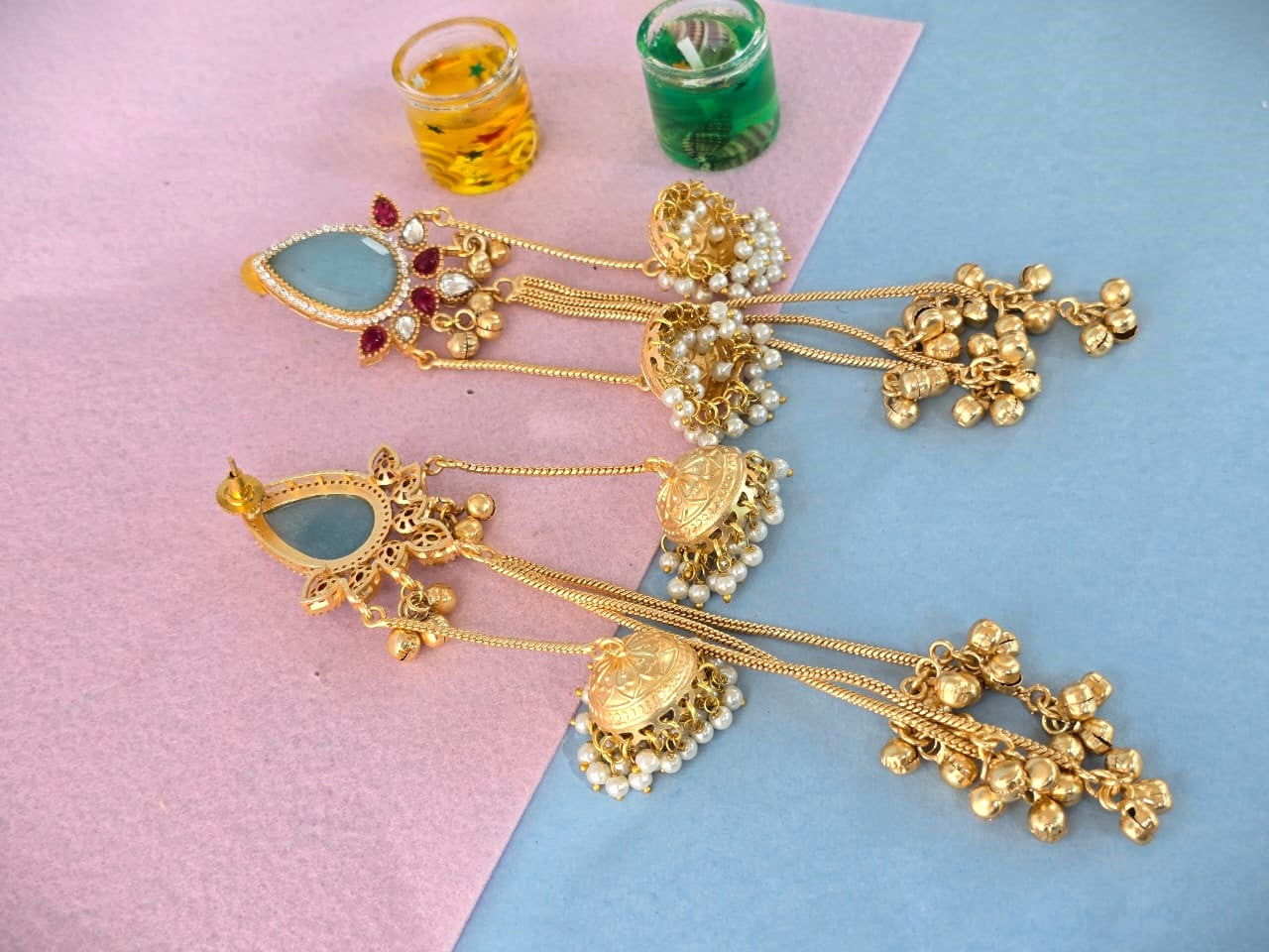 Royal Gold Finish Long Jhumka Earrings with Grey Stone & Pearl Drops