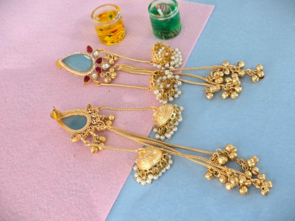 Royal Gold Finish Long Jhumka Earrings with Grey Stone & Pearl Drops