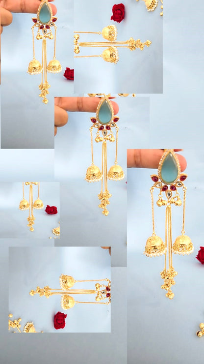 Royal Gold Finish Long Jhumka Earrings with Grey Stone & Pearl Drops