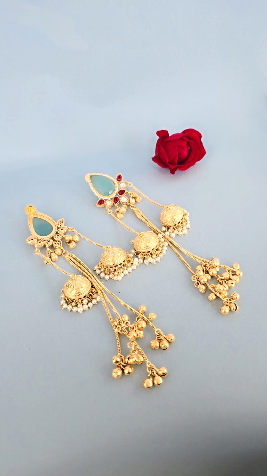 Royal Gold Finish Long Jhumka Earrings with Grey Stone & Pearl Drops