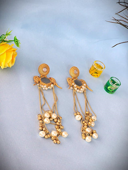 Royal Gold Finish Long Pearl Drop Earrings with Grey Stone
