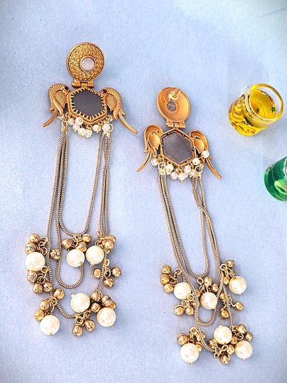 Royal Gold Finish Long Pearl Drop Earrings with Grey Stone