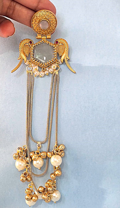 Royal Gold Finish Long Pearl Drop Earrings with Grey Stone