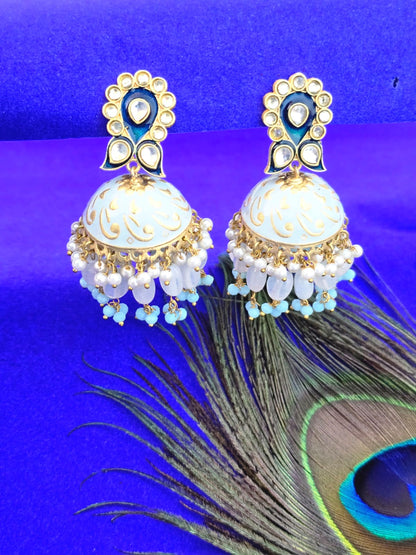 Royal Gold Finish Mint & Pearl JhumkI Earrings - Traditional ethnic jhumka