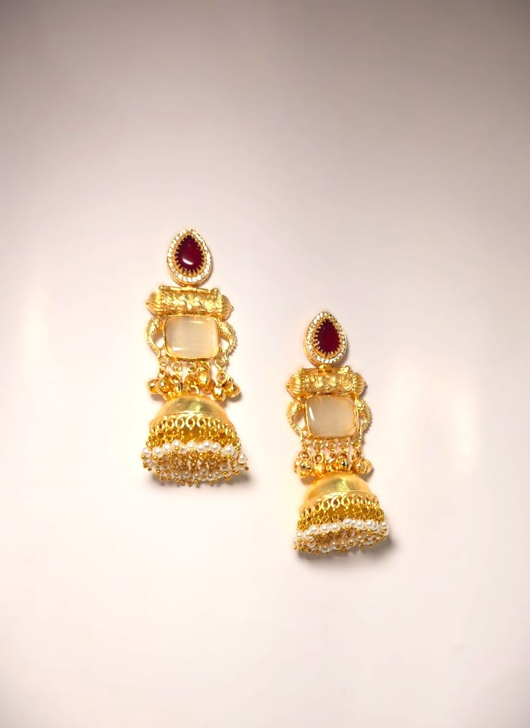 Royal Gold Finish Traditional Jhumka Earrings with Red Stone