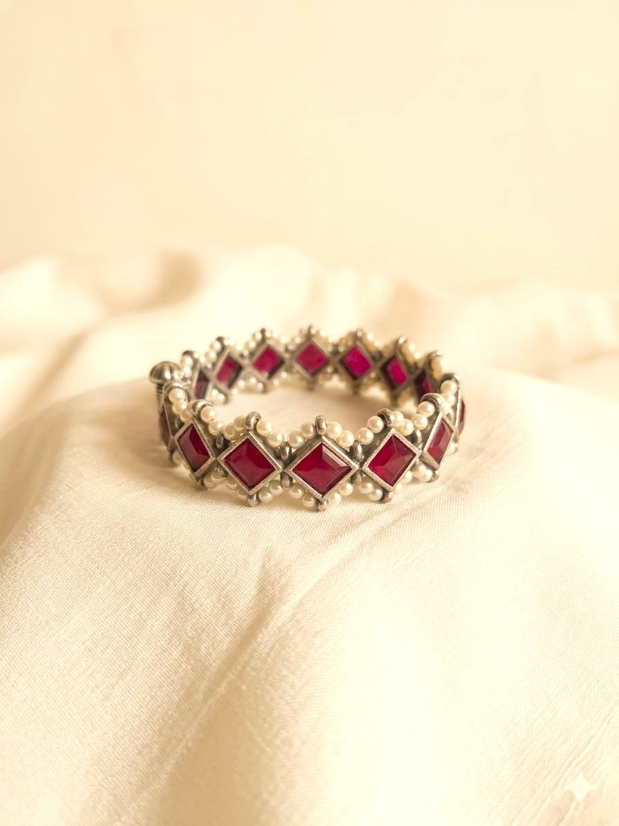 Ruby Red Stone Pearl Single  Kada Bangle for Women