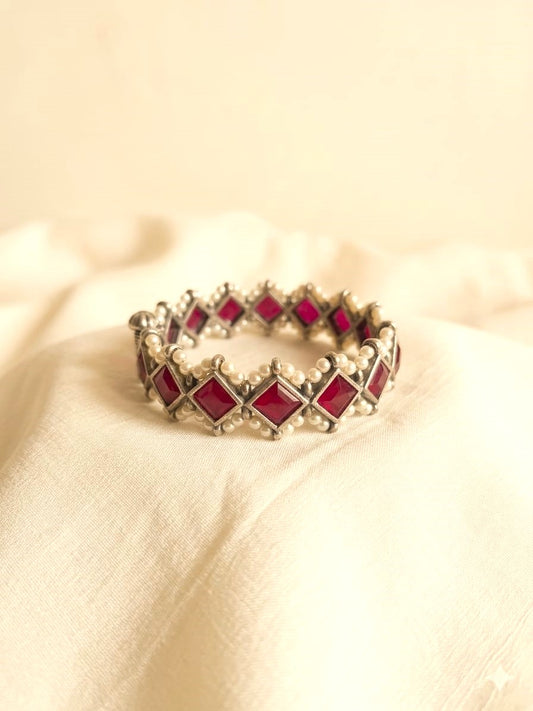 Ruby Red Stone Pearl Single  Kada Bangle for Women