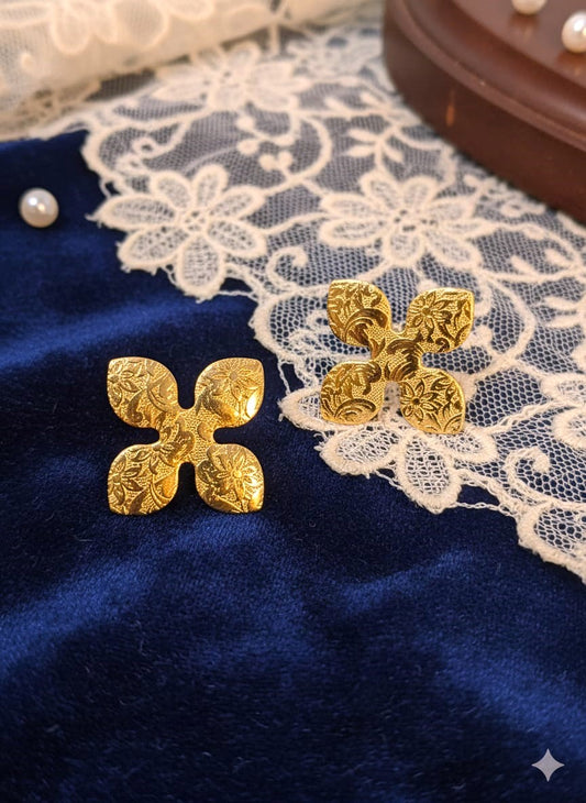 Textured Floral Brass Stud Earrings for Women