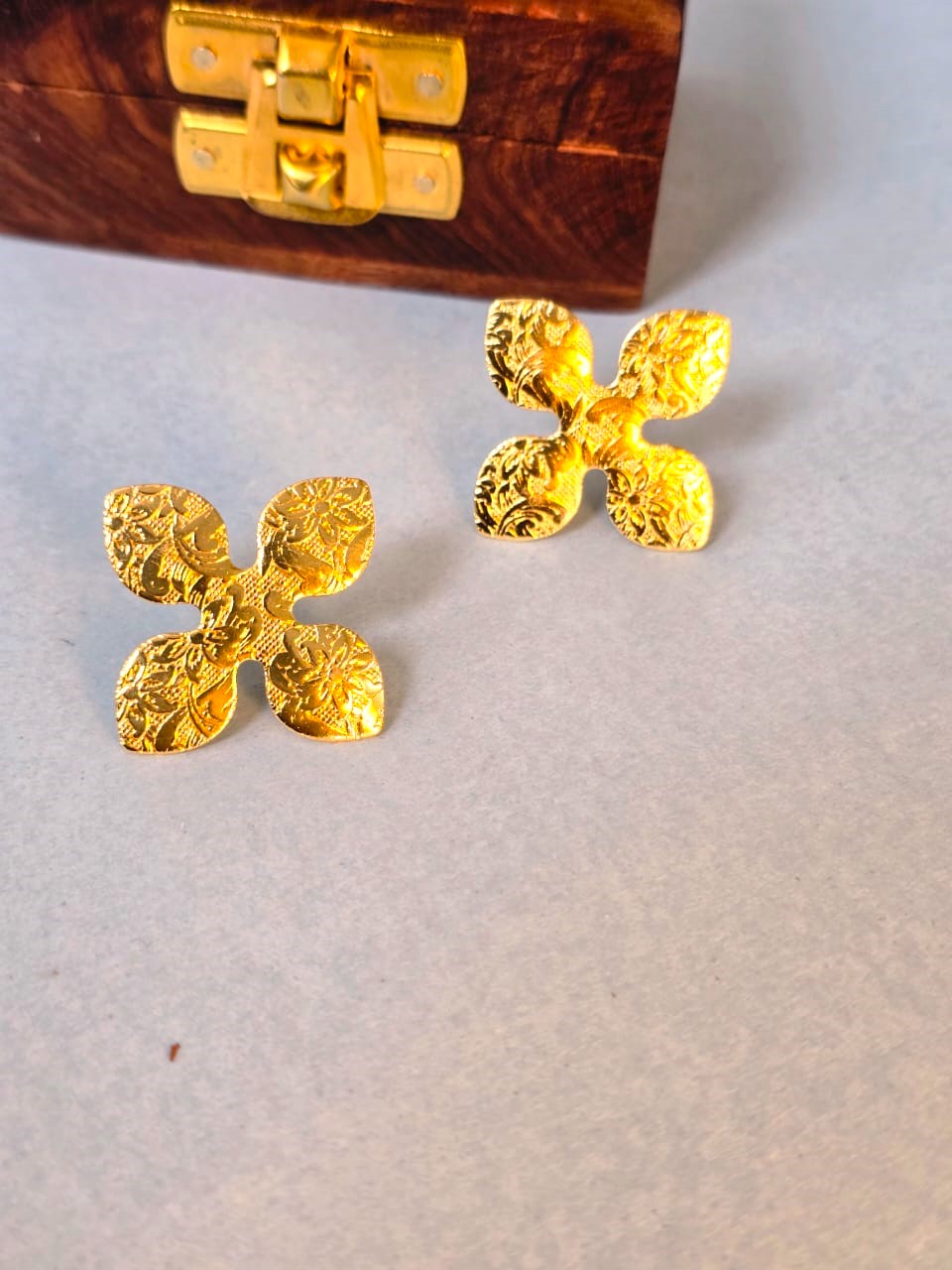 Textured Floral Brass Stud Earrings for Women
